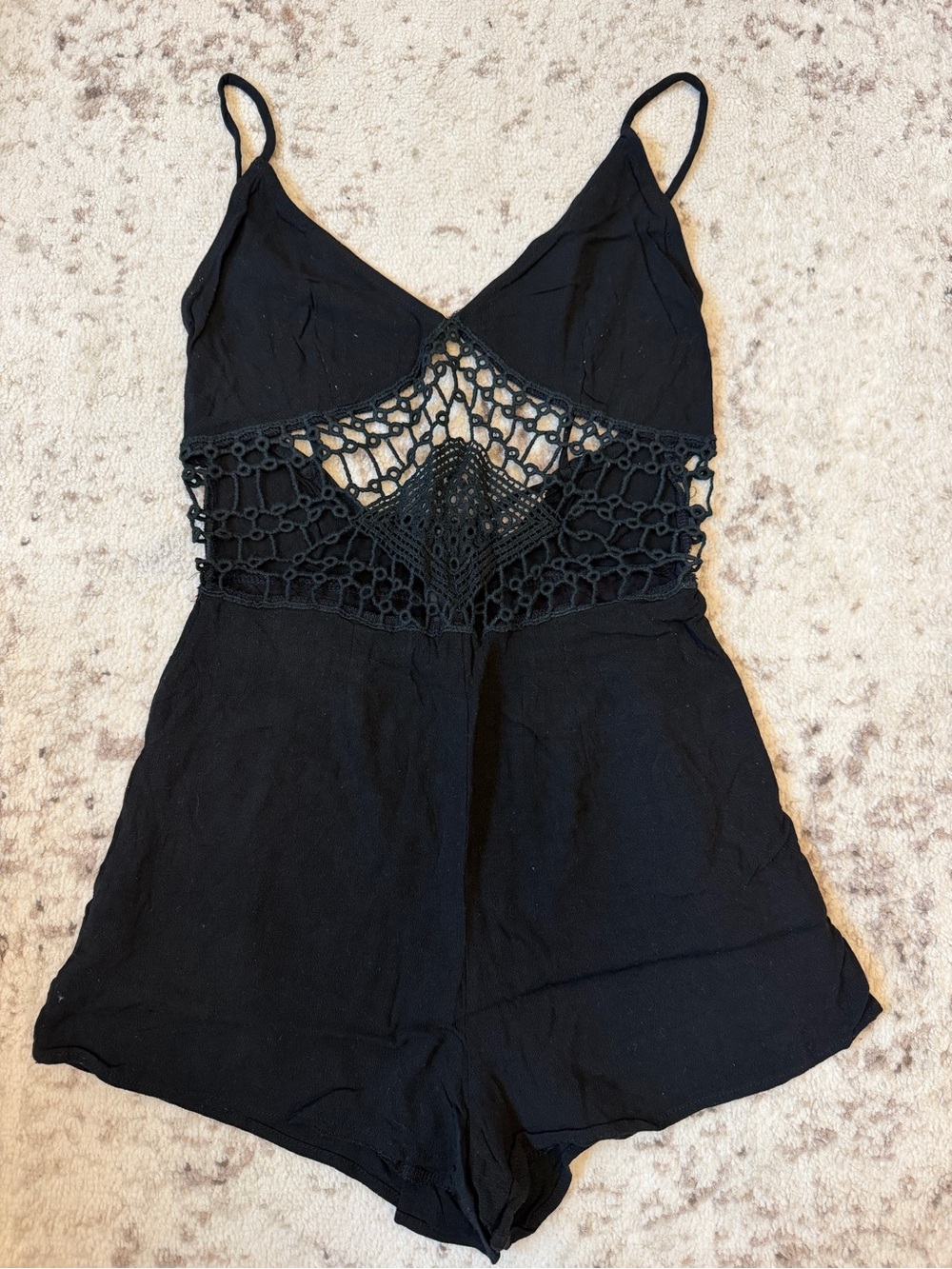 Black Crochet Mesh Romper with Spaghetti Straps - Sugarcloth - Size Small
